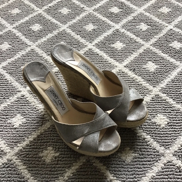 Jimmy Choo Ladies Ladies 7 / 37 Silver Metallic Espadrille Open Toe Wedge Heels - Picture 1 of 5